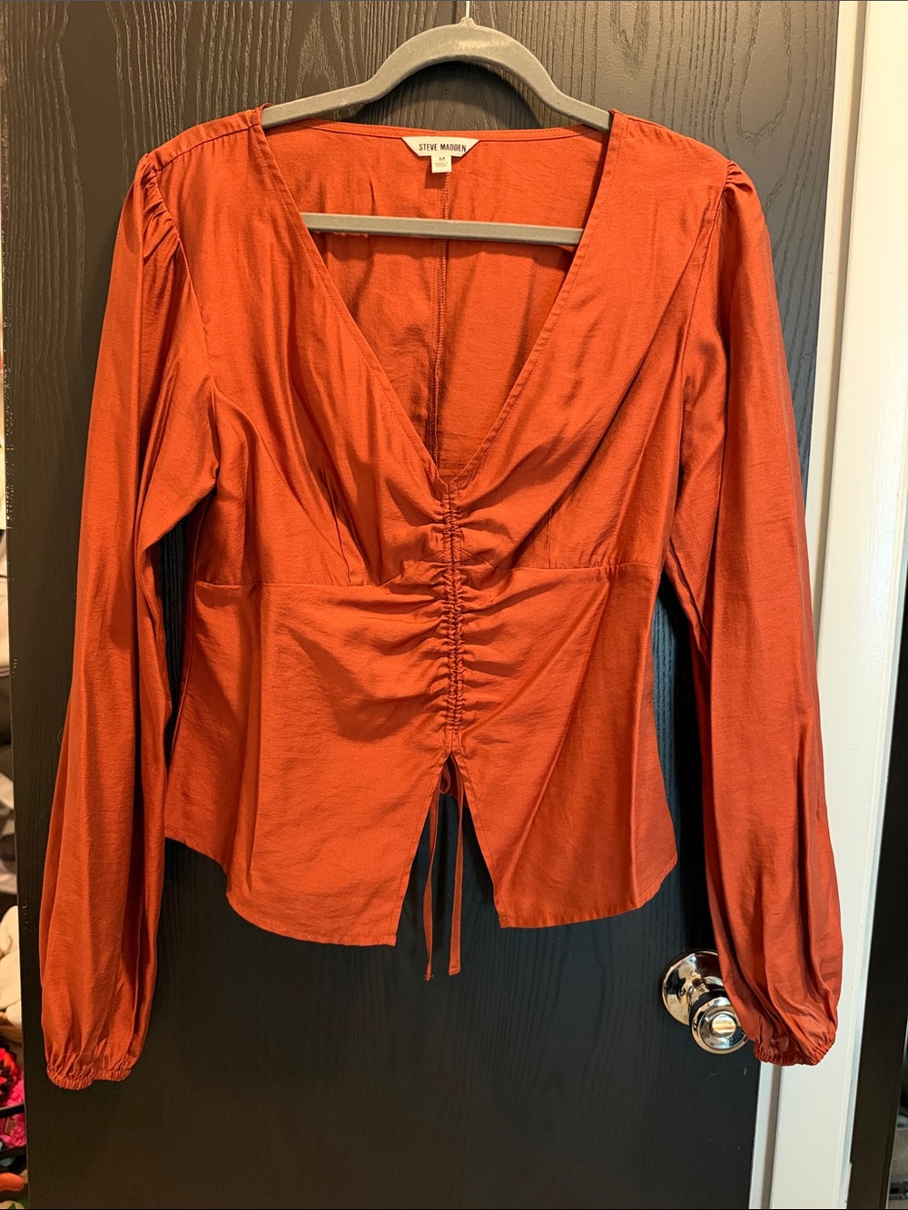 Steve Madden Rusty Orange V-Neck Ruched Front Blouse